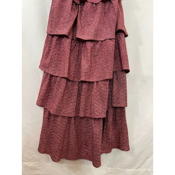 Pink Maroon Dress Women Medium Maxi Tiered Ruffle Glitter Mauve Feminine Halter - Picture 6 of 12